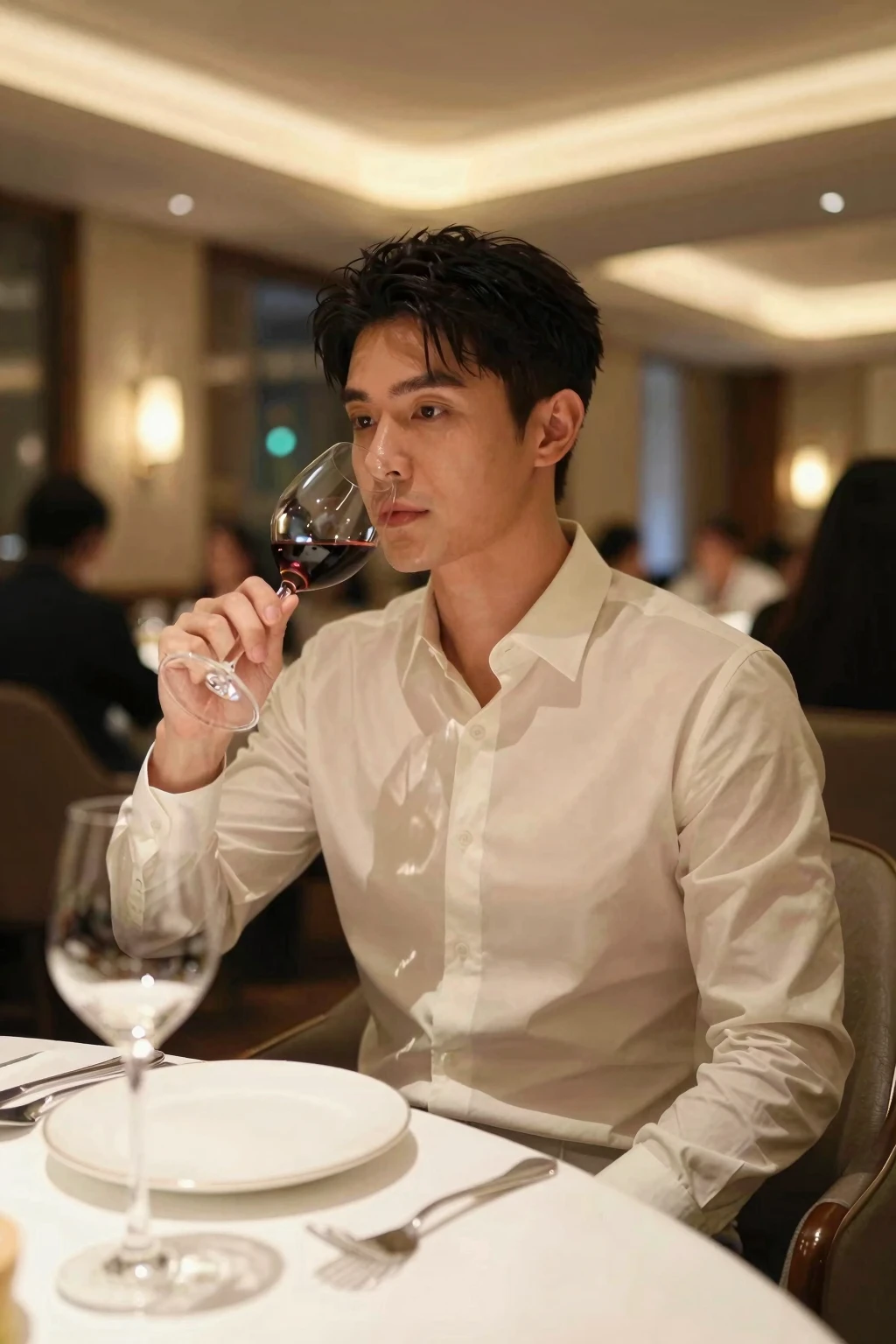 (The light is dim.:1.4),
handsome man, busy road, laugh, Close your eyes, liquor bottle