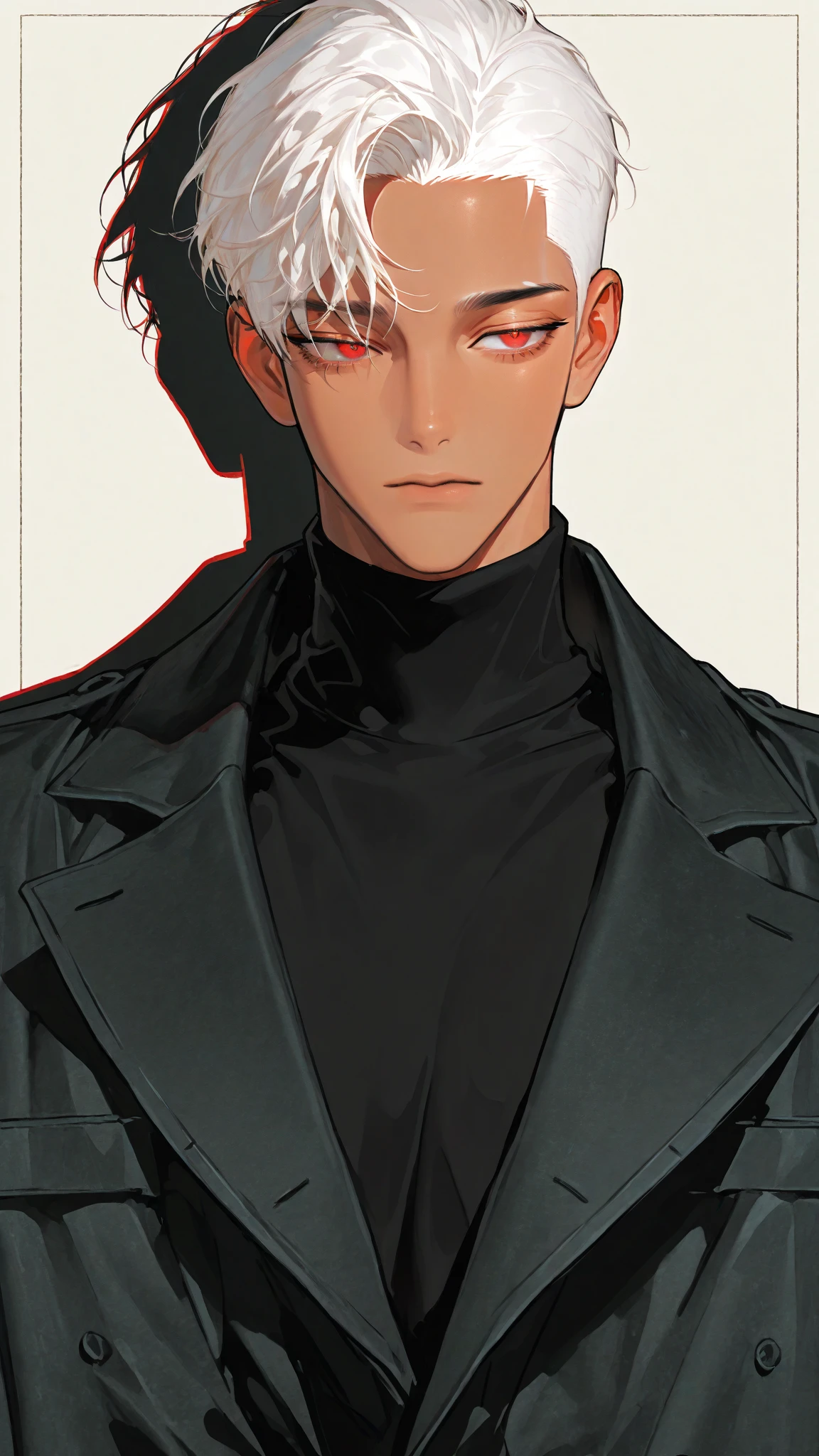 ((open mouth)), (gray eyes), (absurd res, high res, ultra detailed), 1 male, adult, handsome, tall muscular guy, broad shoulders, white hair, finely detailed eyes, portrait, looking at viewer, solo, half shot, detailed background, detailed face, (steampunk industrial), smirk, renegade, rugged dark leather clothes, small leather pouch, high fantasy medieval setting, smuggler hideout background, stealth, undercover, (crates in background), shadows, fog, (dutch angle),