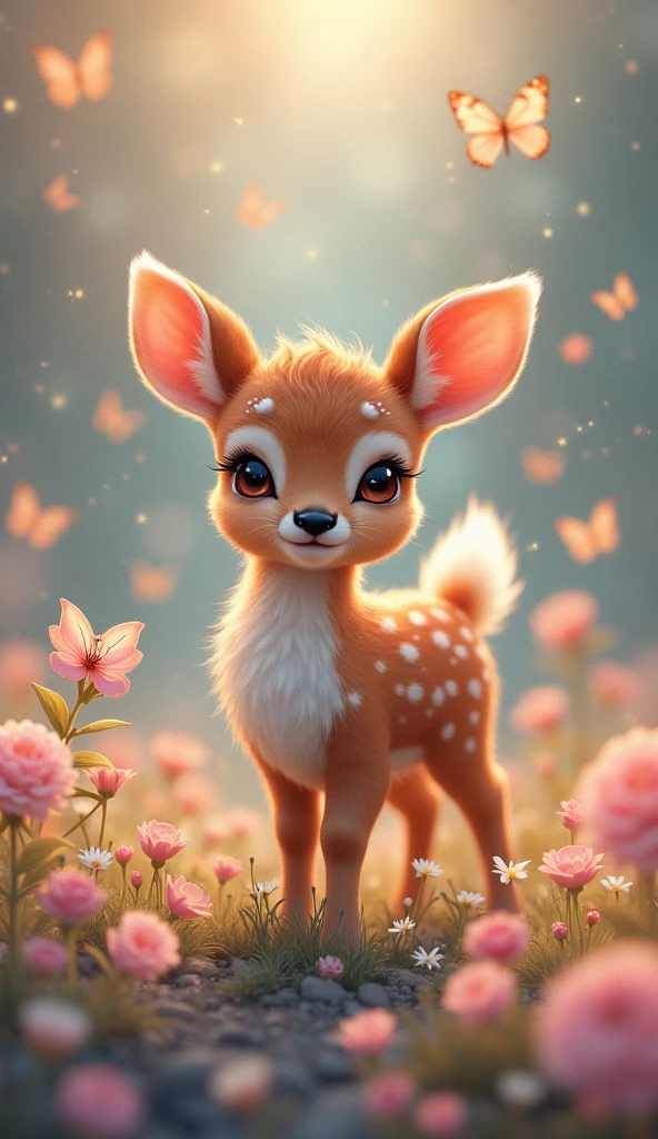 hyperrealistic glamour photo of a cute little baby deer surrounded by beautiful flowers in a meadow, beautiful eyes, sunlight, (high quality:1.2), extremely detailed fur, masterpiece, best quality, photograph, dreamlike, face focus, intricate details, sharp focus, photography, photorealism, photorealistic, soft focus, volumetric light, (****), (intricate details), (hyperdetailed), high detailed, lot of details, high quality, soft cinematic light, dramatic atmosphere, atmospheric perspective, raytracing, subsurface scattering,