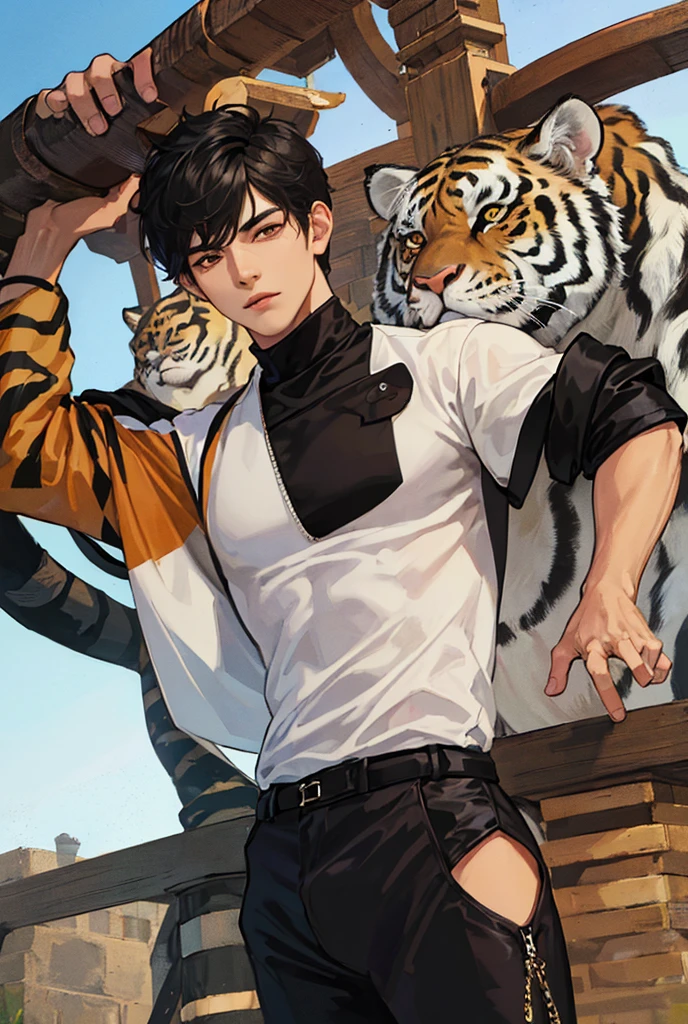 20-year-old boy in Japanese clothes with tiger print, slim muscular complexion, black and silver, short black hair, facing the viewer, silver fabric belt, band with tiger symbol, in the background of a Chinese altar 