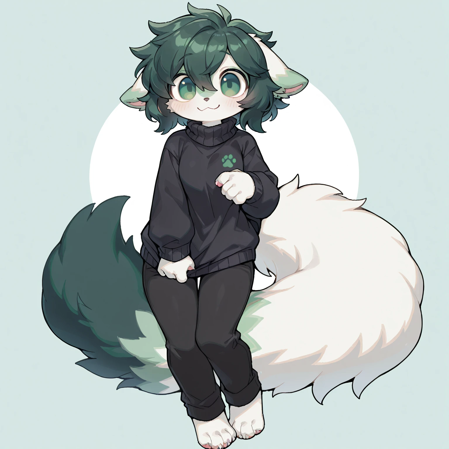 adult, feline, mammal, anthro, anthromorphic, snow, leopard, striped_feline, fur, furred_anthro, fluffy_tail. femboy, male, bangs, ear_tufts, blue_nose, blue_fingers, hair_tuft, hair_between_eyes, short_tail, fluffy, feline_ears, expressive_eyes, purple_hair, light looking_at_viewer, legs, legs_visible, thighs, blue_paws, blue_fur, shy, small_pupils, spotted_pattern, stripes, tail, tail_connected_to_body tiger_stripes, digital_art, high_resolution, high_res, tealblue_background fit, posing, laying_down