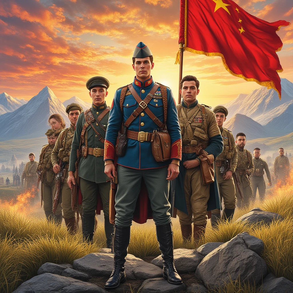A poster of the Long March，Warm colors，Contains Chinese Communist  flag elements，Rich graphics，red、gold、Fighters of the Red Army、Snow Mountain、grassland、river、red flag、Red stars、Pigeon、Illustration style、Paper cutting skills，The picture should have a sense of hierarchy，Exquisite，high quality，Coordination of character movements，No horses appear，People walking in a long line，The clothes are light blue worn cotton clothes，Carry a gun on your back，The team meandered into the distance and gradually disappeared into the mountains