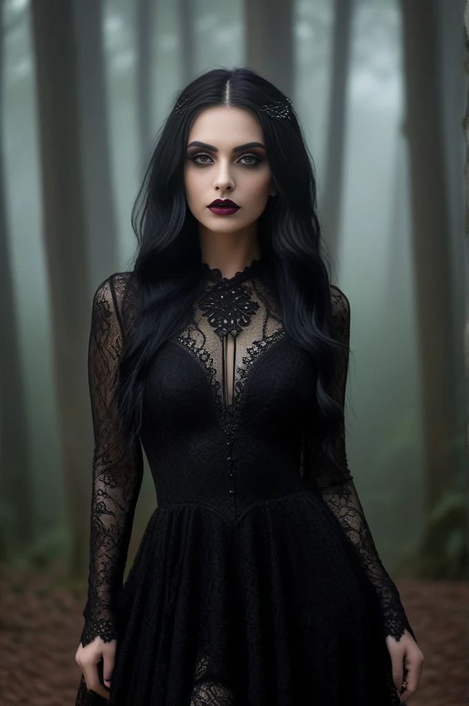 female  vampire|albino, pale porcelain skin,  vintage black dress, smile, shallow depth of field, grin|creepy, nightfall, detailed face, night, wide , narrow waist, portrait of woman standing, detailed eyes, portrait of woman standing, 8k RAW photo, highest quality, looking at the viewer, best shadow, intricate details, long hair, bright eyes, forest, grave, gothic, goth detailed, highres, high qualilty, high saturation