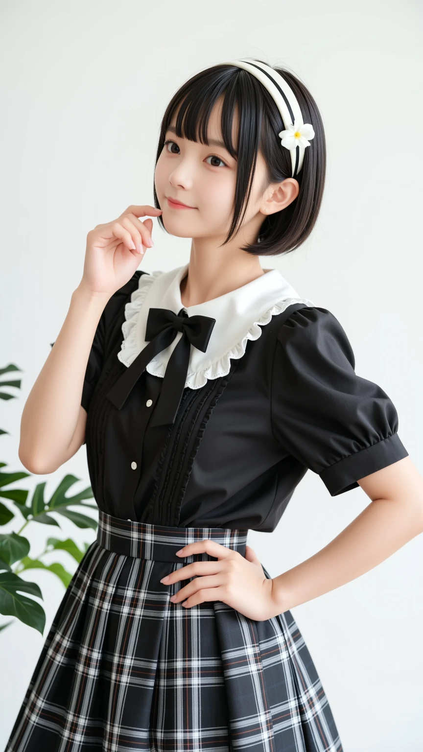 1 Nogizaka Musume、very cute、beautiful girl、19 years old、(gothic fashion)、beautiful face, Exquisite details of eyes and skin、fine black shiny hair、Classy ruffles、frilled tie、ribbon tie、rose hair accessories、(smile at the camera)、(cowboy shot)、(sea of europe)、professional lighting、break、(realistic、Photoreal:1.37)、8K、(masterpiece)、(highest quality:1.4)、(Super high resolution:1.2)、 (Raw photo:1.2)、(delicate lace、soft fabric、beautiful rose pattern dress)、perfect 、4 fingers and 1 thumb、seaside background、(Wallpaper by Unity 8K)