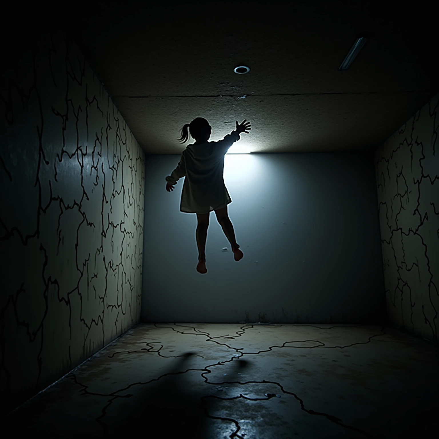 in a cold underground lab，appeared on the wall、fleshy cracks flowing through mucus。The scientists were wearing protective clothing and retreated fearfully，while a barefoot experimental girl was floating in the middle of the air，The surrounding objects were affected by mental forces and vibrated violently。An expressive wide-angle lens，with intense light and dark contrast，Fill the suspense。