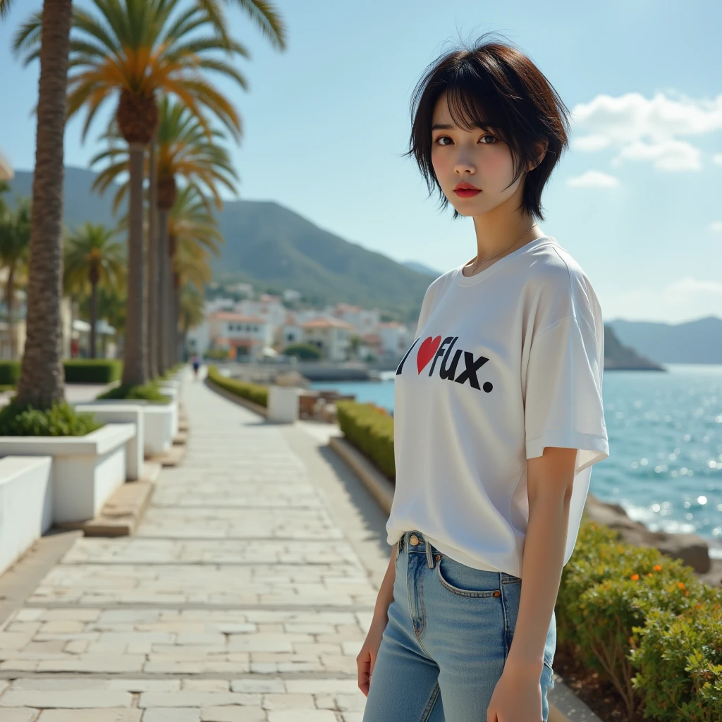 1 girl, beautiful, ((black bob hair)), almond eye, olive skin,no makeup, blank white tshirt, ((oversized_untucked tshirt)), peach tennis skirt,pose in front of ((80's architecture colorful motel)),(from below:1.2), (realistic:1.1), (surreal:1.2), (very detailed:1.1), ((masterpiece)),summer, blue sky, palm trees,sunny, los angles vibes