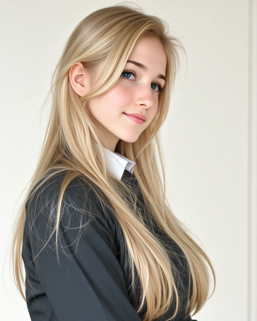 A 19-year-old blonde woman, ((hyperrealism),. blonde hair, long hair, beautiful, cute face, shy smile, earrings, rings, necklace, glasses, on the street of city, elegant black classic jacket, black skirt, white formal shirt under black jacket, big natural, elle fanning