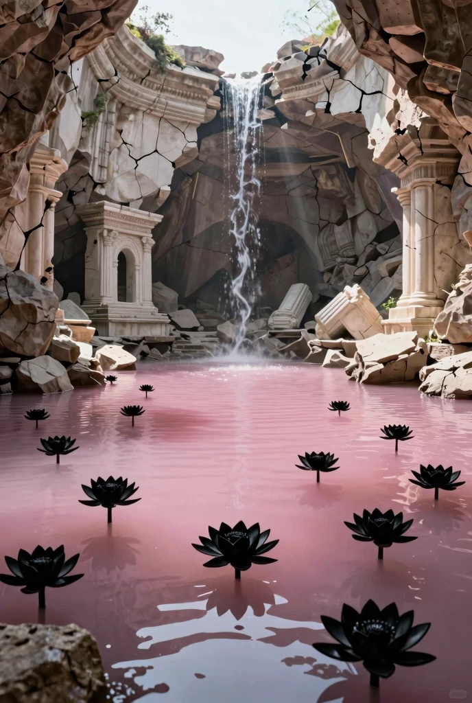 (photorealism:1.2)  A water fountain the the sculpture of a big  in the middle of the fountain, surrounded by 4 statues of   women, in a pink public square, realistic, intricate details