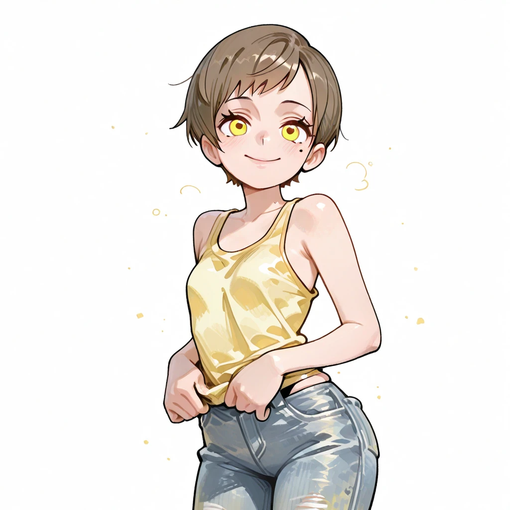 Best Quality, Masterpiece, High resolution, porcelain dress, Hair Accessories, collar, jewelry, beautiful face, in the body, Tyndall effect, realist, dark studio, edge lighting, two tone lighting, (High detail leather: 1.2), 8k UHD, DSLR, Luz outfit, high quality, volumetric light, sincere, Photo, High resolution, 4k, 8k, background blur, feminine man (with tiny ), very wide hips, huge thighs. Huge butt, giant ass. flat chest (without breasts), short reddish brown hair,  tall body, small shoulders, cute and tender female face, big and sensual eyes,red eyes,bright eyes, reptilian eyes,  and sexy mouth () with big lips, red lips, soft and slimy skin, with black thread straps, tight and sexy sports leggings (with string of  coming out) and a tight and sensual navel blouse and jean shorts sexys, female sensual pose highlighting the rear with view from the ground with rear perspective, ((())).