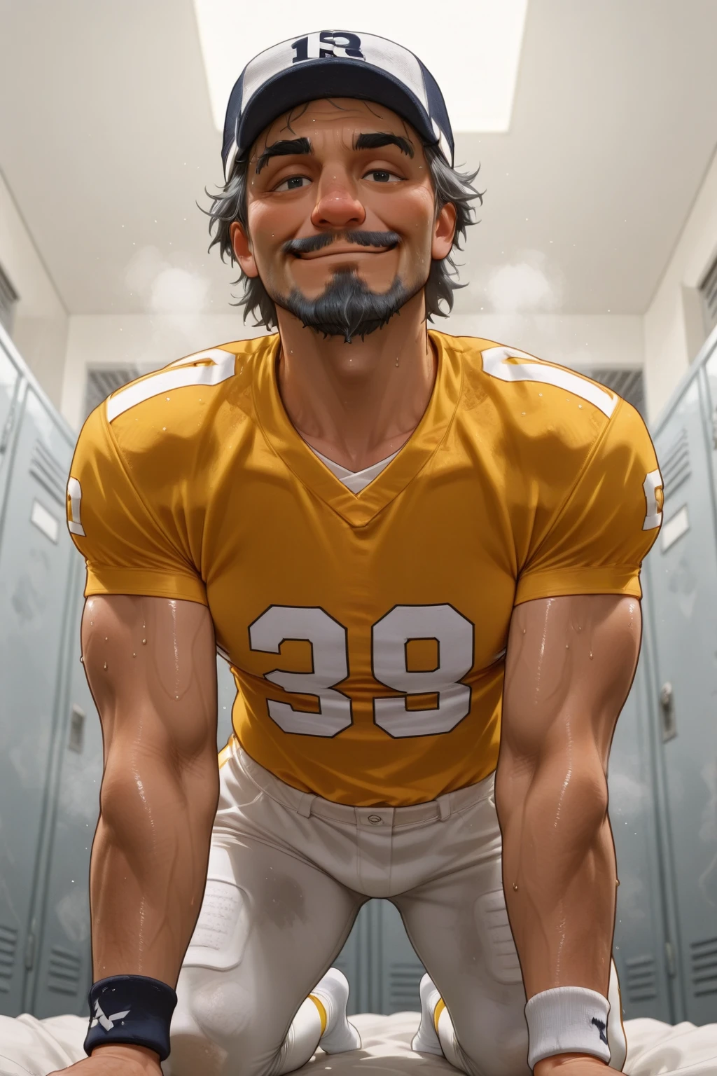 (: 1.5), (handsome Man sleep on table eating bread ),(crew cut short hair:1.8),black eye,(Wear a fitted round neck t-shirt in navy with a police badge.:1.5),(fit neck),Navy blue jeans,(black_gloves:1.2), Korean guy,chest muscles,large arm muscles,blood vessel,Big muscles,Broad shoulders, (open mouth:1.2),(face up:1.2),(close eyes:1.5), middle of the road,smile, In the bread shop, ( :1.8), ( very long: 1.6),  very Big, (Big ), ( of the : 1.6), ((very big, very long )), , hold your hand on your , () , ( in bread:1.3)