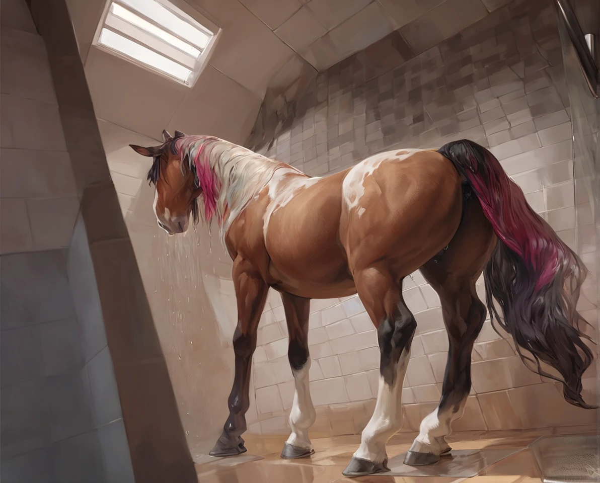 masterpiece, great posing, dynamic lighting, shy dark brown horse boy, long messy black hair that covers head, bluish gray eyes, long black tail, (having  with male horse), , , , crisp, high definition, shocked embarrassed face tiny pupils, , equine , wooden cabin setting, by nuzzo, by jay naylor, by zaush,