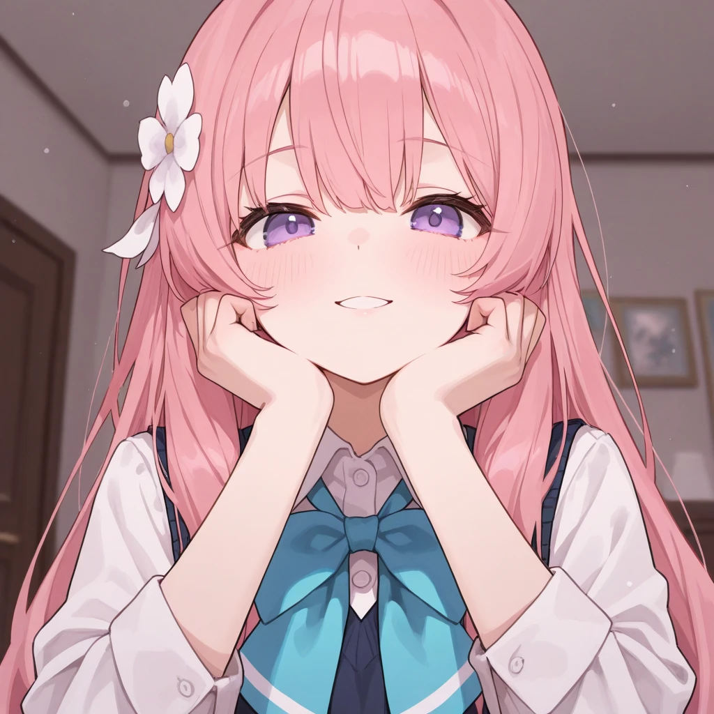 1 girl,Mika/blue archive,Kawai,beige sweater vest, plaid skirt,Smile,stand up,Pink hair,long hair,golden eye,blush,long sleeve,Thin west, short,long sleeve,Thin waist,chest cub g,(perfect hand perfect )