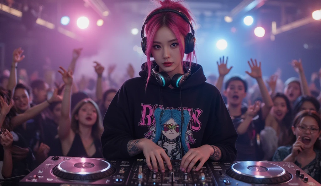 arafed woman in a black top and pink hair standing next to a DJ's mixer, rave girl, raver girl, 1 girl, DJ rave, unreal engine, rave makeup, in cyberpunk style, has cyberpunk style, rave inspired, cyber punk setting, cyberpunk vibes, cyberpunk vibe, beautiful cyberpunk woman model, cyberpunk style color, woman holds her headphones down with one hand.