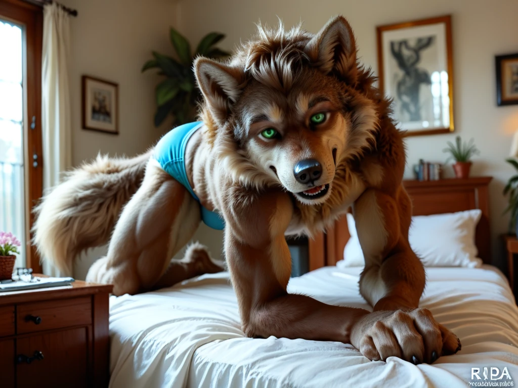 huge maned wolf , with muscular abs, holding and  small male man in the , canine knot, canine , red canine , 