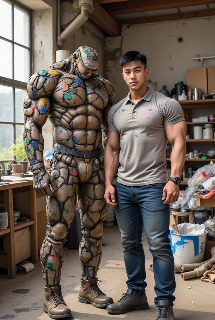 A bricklayer builds his own body from bricks and mortar