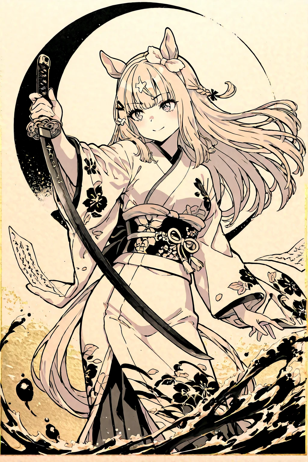 As a coloring book, the color should be black and white, the border should be simple, clear, and bold. [Girl with a ponytail] wearing a [kimono with fox pattern] practicing [kendo] in a [dojo], with [hair ties decorated with fox charms]