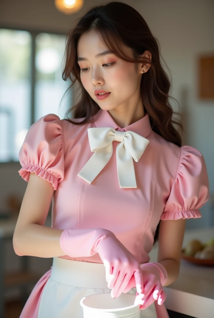 Highest quality、Elevator Girl、Shiny pink silk jacket、White sheer blouse with a large ribbon、Very short tight skirt、、A small round hat with a ribbon、Skinny、White gloves、Very embarrassed look、Sit on the floor facing the front、Face straight