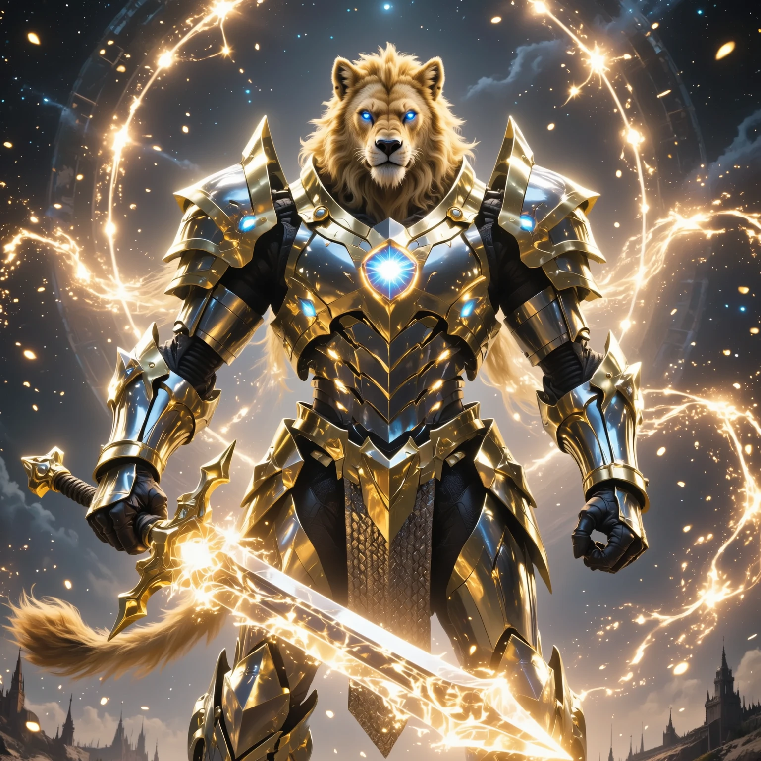 A high-resolution image of a science fiction Mongolian warrior with mask. He is adorned in fur armor combined with chainmail, with elements of carbon integrated into the design. He stands beside a futuristic ((balance bike)), made of sleek chrome and advanced materials. In one hand, he holds a (laser gun), its barrel glowing faintly. The warrior is powered by nuclear energy, with subtle indicators of this power source on his armor. The background is a dark void, with energy particles swirling around him, casting a soft light on the chrome and carbon surfaces. The overall scene blends ancient warrior aesthetics with futuristic technology, creating a striking and dynamic visual.