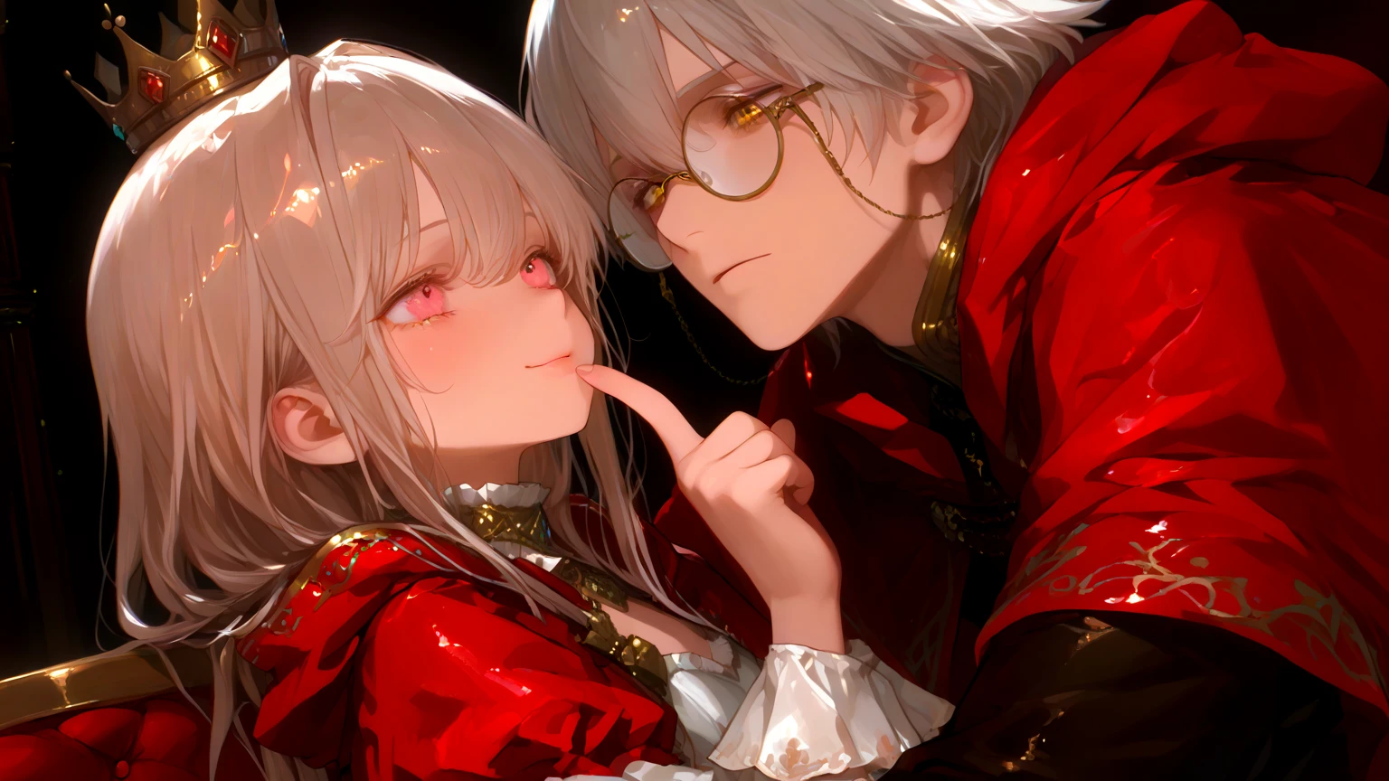 ((Highest quality)), ((masterpiece)), (detailed), （Perfect Face）、The woman is Yuuki Asuna, with medium-long brown hair, a gorgeous jeweled black dress and a vampire cloak, and is embracing and kissing the dignified old man Count Dracula.