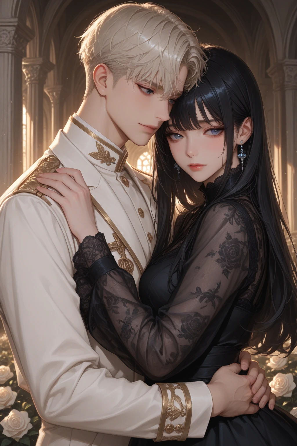 (full-body view))), ((girl and man)), ((dark fantasy)),((handsome boy grabbing girls ass)), (()), mature male, 30-ish, (wide shoulder), ((no chest hair)),man with short black Quiff hair with Soft Fringe (bangs part on side 3:7 ratio), blue eyes, upper body, short hair, looking at viewer, parted lips, round eyewear, wet hair, open black shirt, long sleeves, showing a bit of muscles,(( girl with wavy hair, pale skin, long light blond hair),((light blue eyes)), freckles,(girl 16 years old), posing,Gothic background, Dark fantastic view,Best Quality,masutepiece,8K,The ultimate detailed dark background, Top image quality、RAW photography、超A high resolution，cropped shoulders, overall look is very , model shoot, Large round chest, Beautiful Eyes of Details、Very slender eyes、Beautiful eyelashes、Very slim physique, with blush cheeks, bedroom background