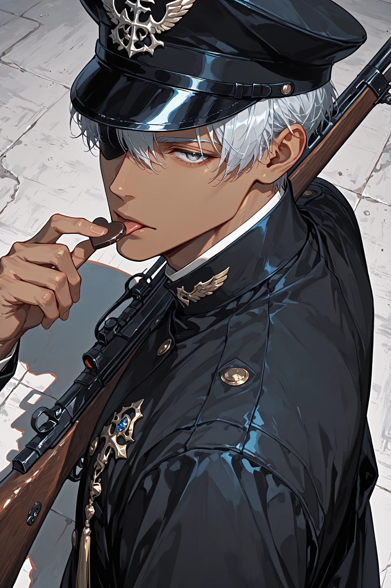 pirate boy with white hair aiming with an assault rifle