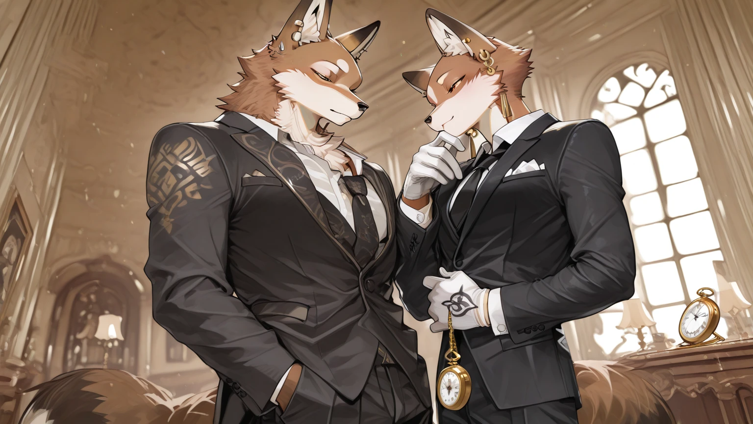 (anthropomorphic, male, wolf, black fur, red eyes, sinister look,) (smaller, anthropomorphic, male, rabbit, white fur, green eyes,) both sitting together in a nightclub, night setting, suggestive