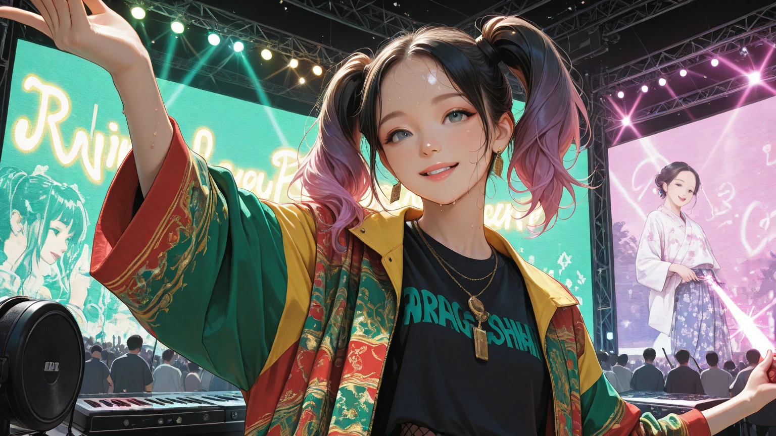 8k, RAW photo, realistic, photo-realistic, hyper-realistic, highest quality, best quality, masterpiece, highly detailed, absurd,
masterpiece, best quality, (highly detailed CG unity 8k wallpaper, masterpiece, best quality, very detailed, best shadows), (detailed background), (beautiful face details, beautiful eye details), High contrast, (best lighting), 1girl , Australia, rappers hair in small multicolored braids, beautiful, ((colorful paint splashes on  background, Dulux)), ((caustic)), dynamic angle, beautiful light details, full body, cowboy shot, big smile,