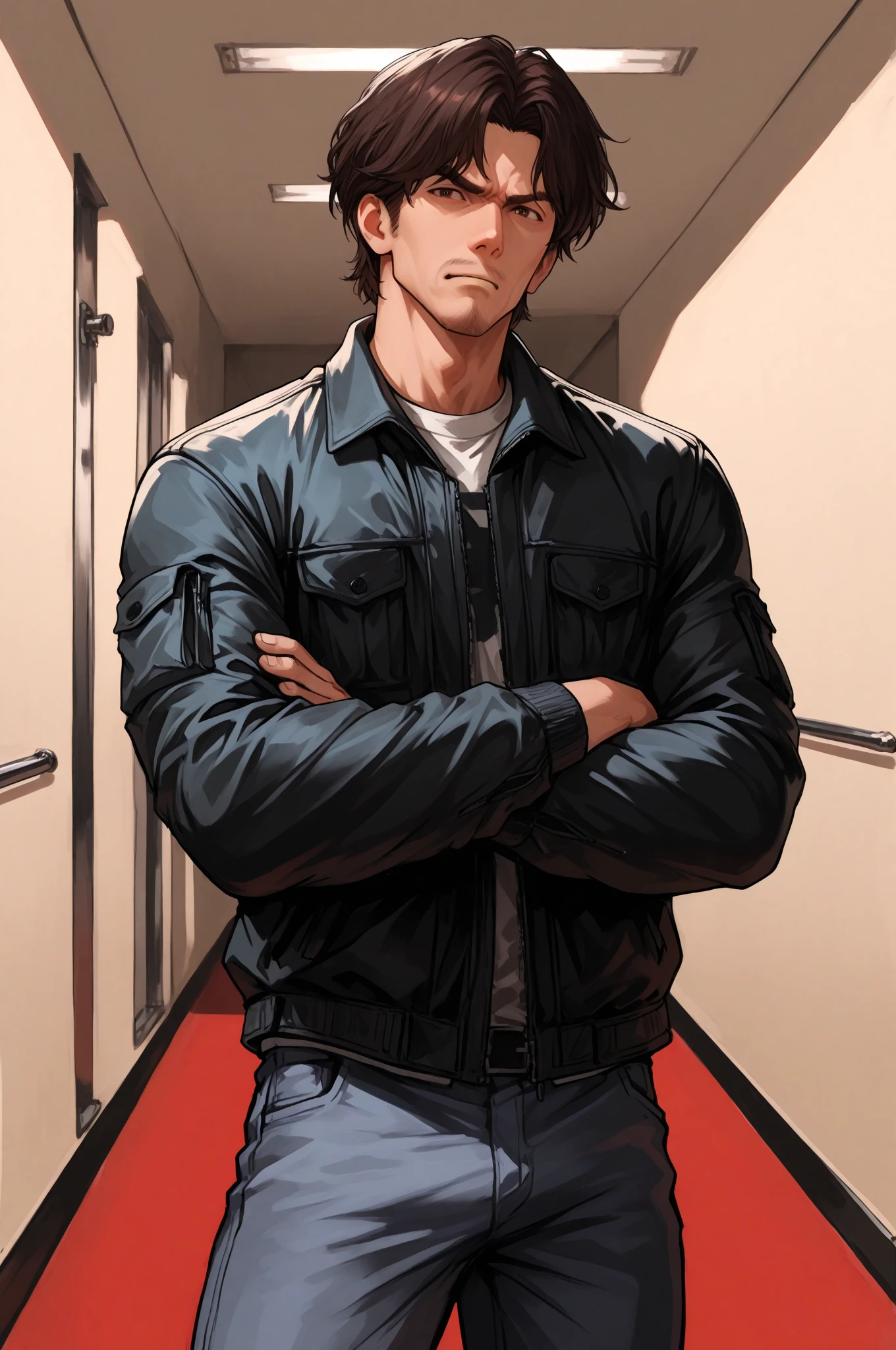 a close up of a person wearing a jacket and a white shirt, handsome anime pose, handsome guy in demon slayer art, anime handsome man, male anime style, anime portrait of a handsome man, anime realism style, artwork in the style of guweiz, tall anime guy with blue eyes, male anime character, realistic anime artstyle, young anime man