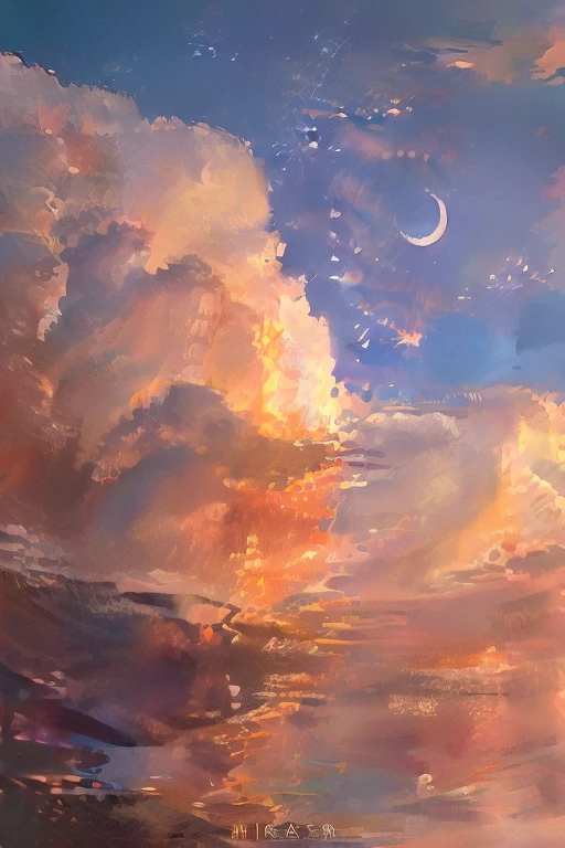 (best quality, masterpiece),  sky, cloud,  no humans, bird, wide shot, perspective, moon, official art, wallpaper,8k,highres, sunset, star,(masterpiece, best quality, high quality, highres, ultra-detailed), sea,painting by sargent and rhads and leyendecker and greg hildebrandt