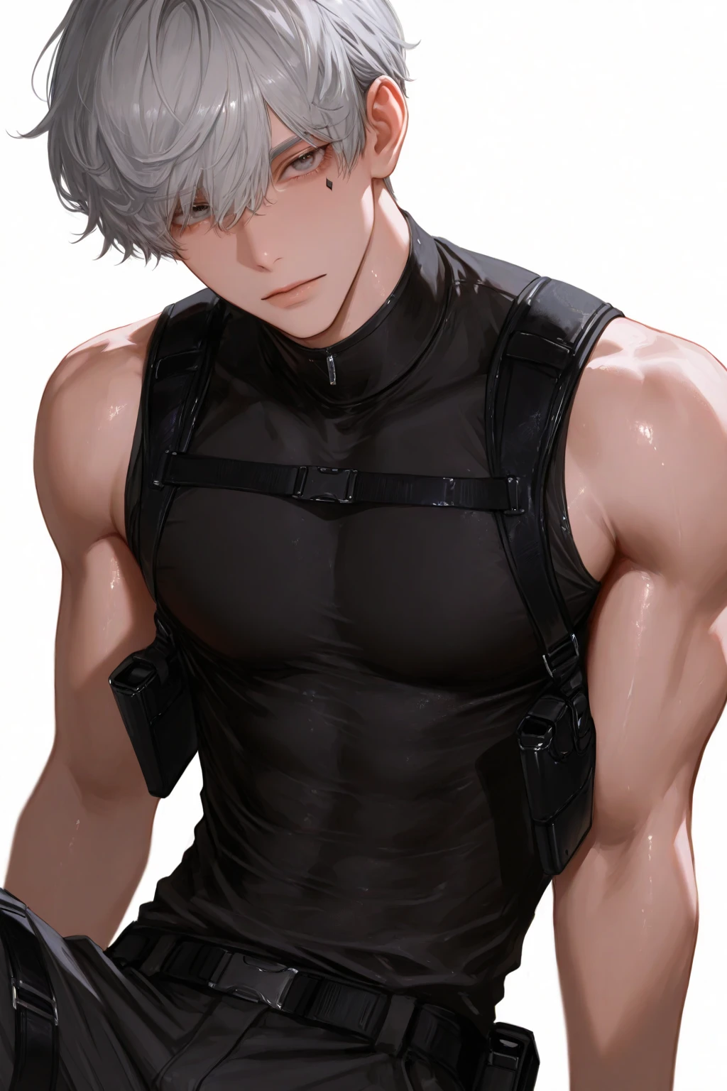 ( half body ), 1man, toji fushiguro, wound mouth toji fushiguro, solo focus, black shirt realistic, abs sixpack, pale and young adult face, realistic messy white hair, realistic, realistic outfit, black shirt realistic, ultra detail, detailed and correct  and body structure, abs sixpack, muscle. handsome, attractive, slightly muscular, cinematic lighting, unreal engine, trending on ArtStation, intricate details, masterpiece, best quality