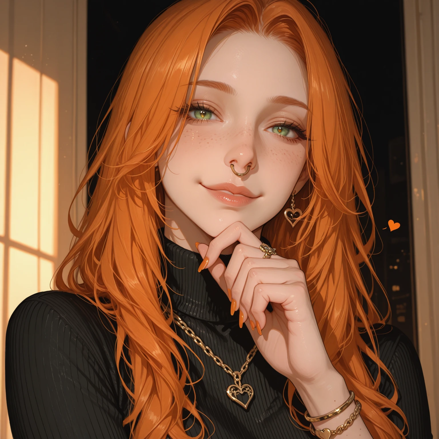 A woman with black, long hair and striking green eyes gazes directly at ...