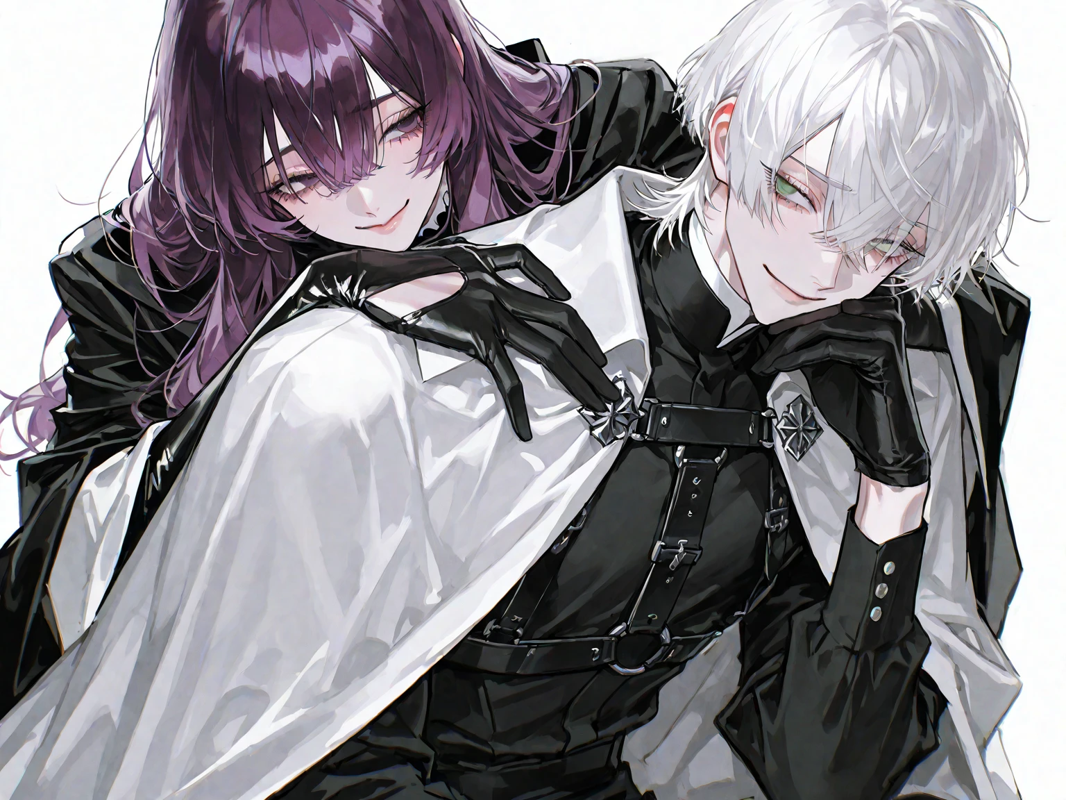 absurdres, highres, ultra detailed, HDR, master piece, best quality, extremely detailed, Tanaka Gundham, black hair, expressive red eyes, Danganronpa, Krozerus, white hair, messy hair, expressive blue eyes, two  men together, yaoi, gay couple, handsome, handsome smile, purple scarf, black coat, white T-shirt, white coat, magical, shining, purple flowers, blossoms, water, purple petals, purple butterflies, sparkling, purple moon, starry sky