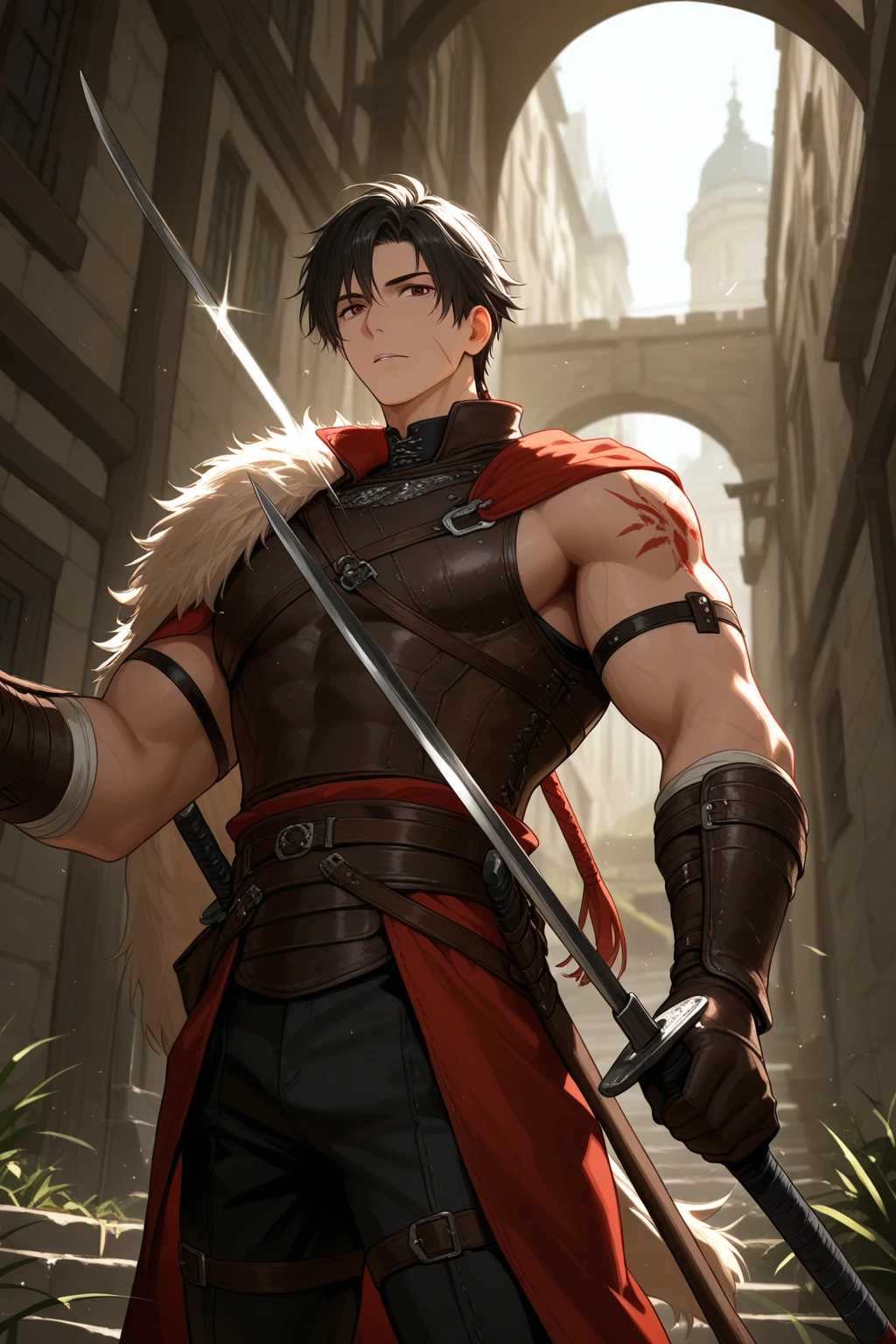 Male,human,,black hair, six pack, bulge, slick hair, armor, defined jawline, red and black cape, sword, silver armor, medium length hair, bara body 