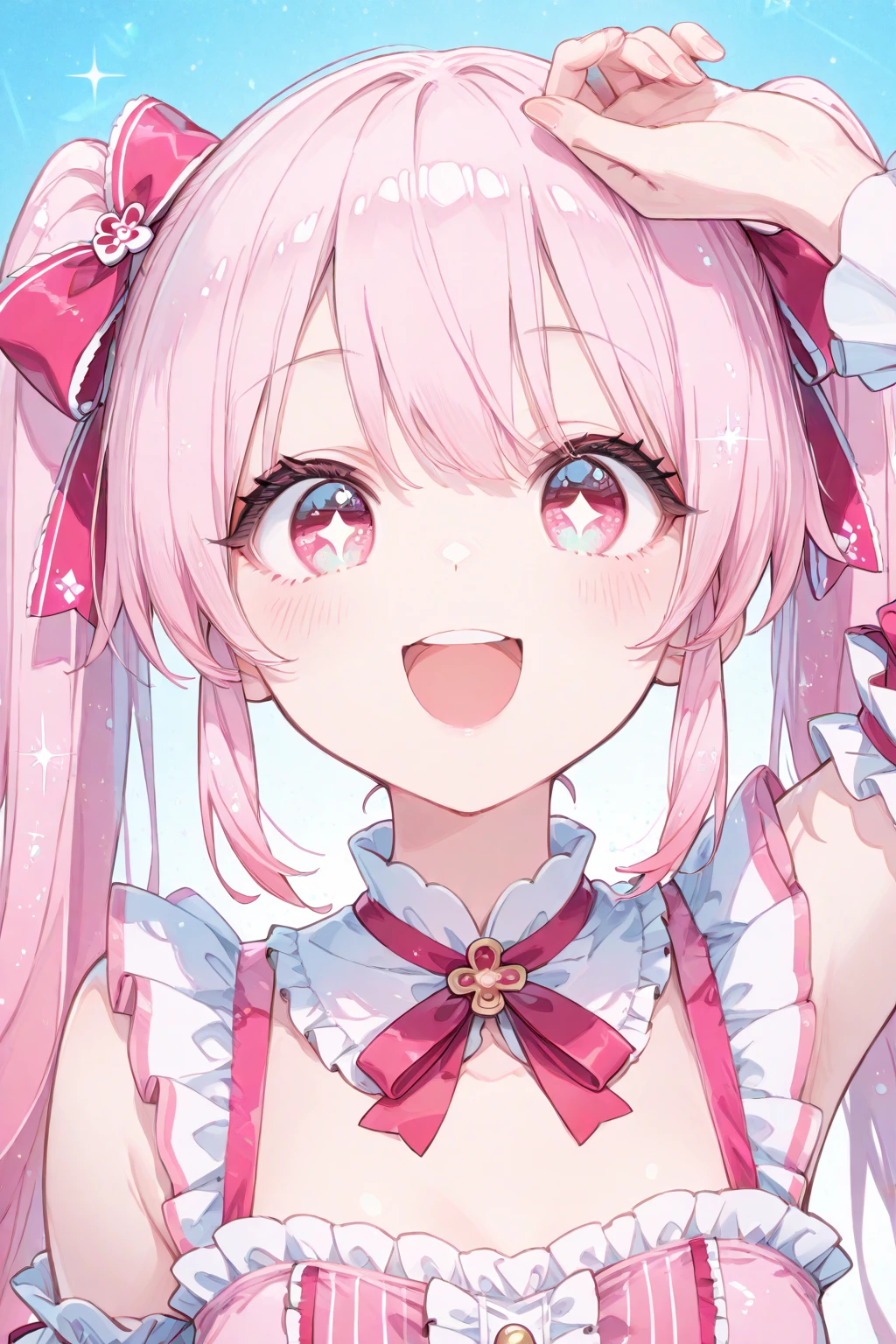 (((masterpiece)))(((Highest quality)))(((8K)))(((4K)))One Little Girl、 years old、(Straight Hair)、voluminous ponytail(Pink Hair)(((Pink high ponytail)))、Ribbon on head、Crossed bangs、Light purple eyes、(((Squint your eyes)))、((Smile with your mouth closed))、(((Cute Mini Dresses)))、Small , 、turn around、From the waist up、Anime Style
