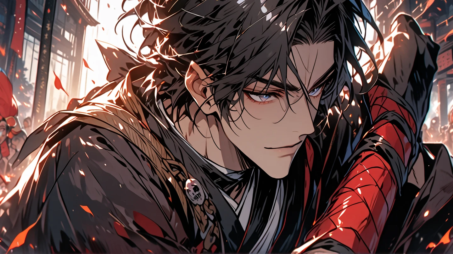 Handsome boy with short hair（black color hair：1.5），Red clothes，With ornaments，The body is entangled in flames（Ring of Fire），style of anime，Handsome and dashing（Handsome），Attractive temperament，Impeccable。