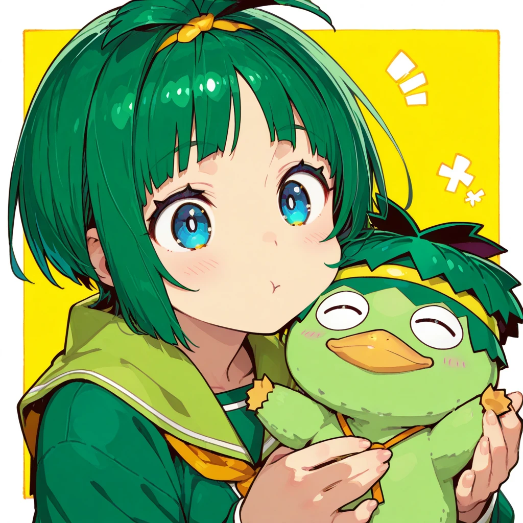 pregnant cute short young turtle girl with short green hair, brown eyes, green top shirt, green pants, turtle shell, happy, with a sign on her hand