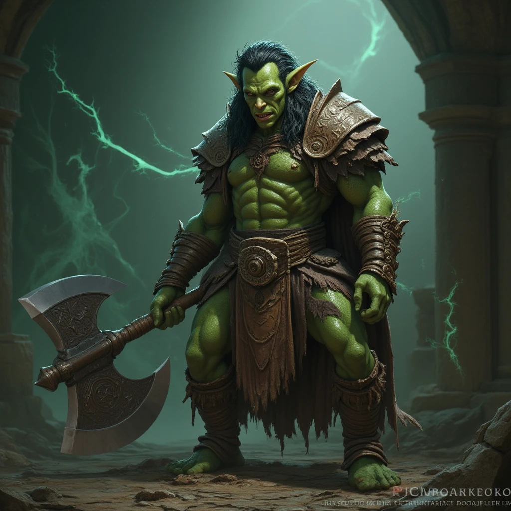 arte ,arte digital,jogo ,art cinematic,Guerreiros ORC ,Fierce muscle strength ,valente obra-prima premiada (((Cartaz de filme WARCRAFT)))) WARRIOR ORC pele verde , cabelo comprido,armadura leve de couro, necromante, magia negra, Holding Cursed Broadsword, apetrechos de Orcs, ULTRA HDR 16K, Ultra realista ,fundo simples,Trabalho complexo , surreal, EXTRAORDINARY ,mui grande detalhada personagem fiel ao game ,detalhes Intrincado, cinematic ambiance , Lighting and studio tones, renderização 3dMM. Canon 105mm.