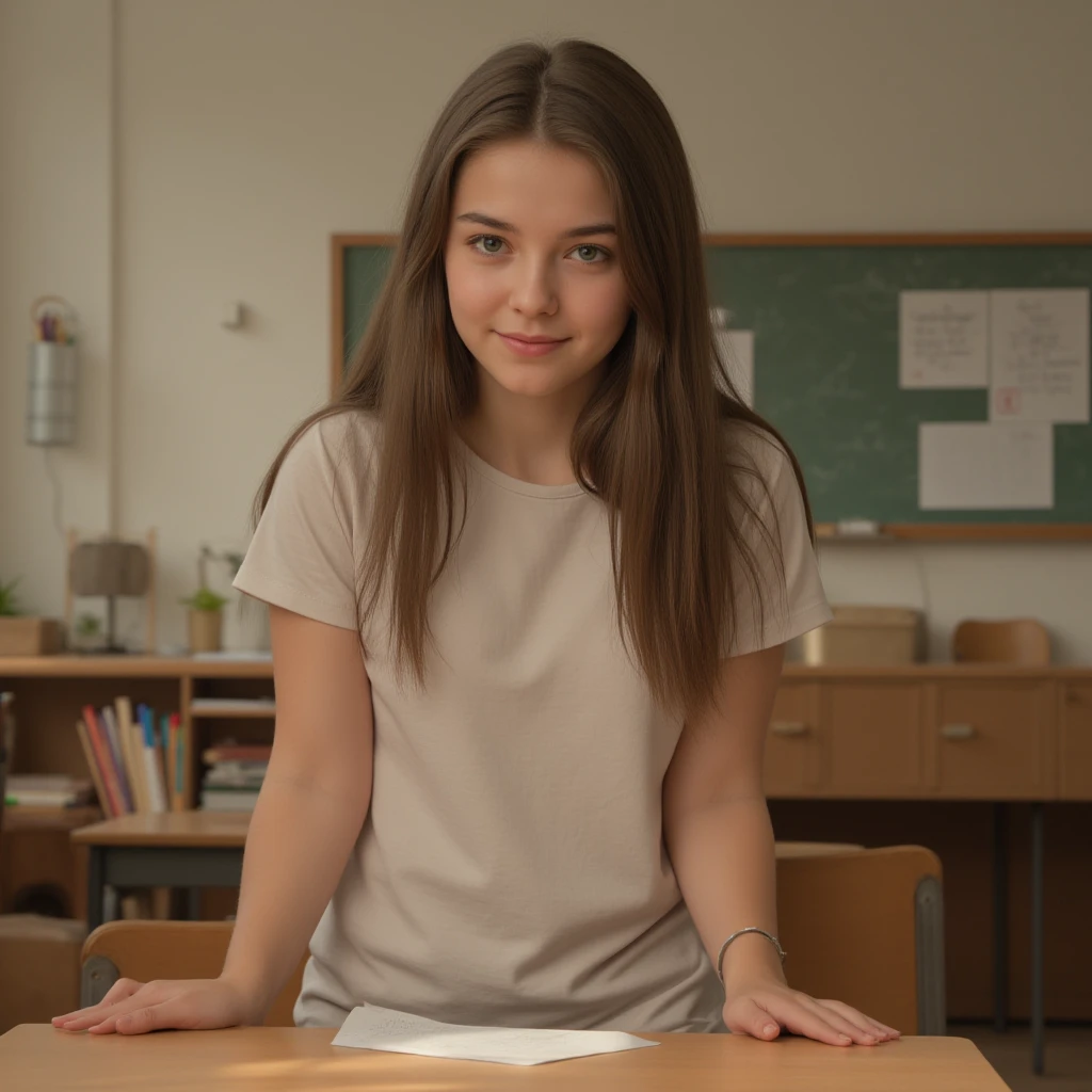 A playful side of a college-aged girl, who is typically perceived as a nerd due to her intellectual pursuits and quirky style. She is caught in a naughty yet innocent moment, flashing a cheeky smile while wearing a pair of black-rimmed glasses slightly askew on her nose. Her attire consists of a loose-fitting t-shirt with a witty science pun, a short plaid skirt, and knee-high socks with cartoon characters that hint at her youthful spirit. The background is a cluttered dorm room, with textbooks, a laptop, and a whiteboard filled with equations and doodles, alluding to her academic environment. The lighting is soft and warm, emphasizing the contrast between her studious surroundings and her unexpectedly flirtatious behavior. She is leaning against a desk covered in a layer of paperwork, with one hand on her hip and the other holding a red pen, which she is twirling suggestively. The setting suggests a brief interlude from her studies, revealing a spontaneous and lighthearted break from her serious demeanor. Her hair is slightly disheveled, as if she's been engaged in deep thought or a heated debate, adding to the allure of her playful persona. The overall atmosphere is one of playful rebellion, where intelligence meets charm, and the boundaries of societal stereotypes are gently pushed aside.