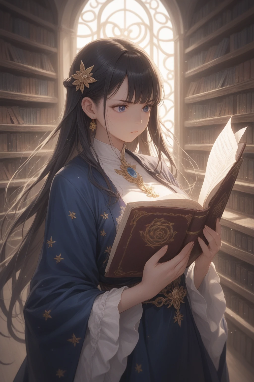 1girl, solo, bookshelf, pile of books, school background, dark brown hair, long hair, plump lips, amber eyes, elegant attire, photorealistic, highly detailed, intricate detail, cinematic lighting, atmospheric, rich color palette, masterpiece, detailed face, luminous eyes