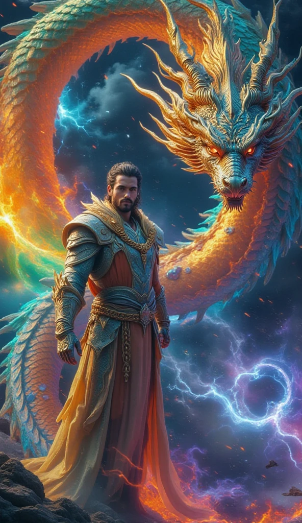 Men's top  hands up to his arms has big realistic wild blue ice dragon wrapped around snowy icy icy mountains blue mountains blue lightning blue light muscular mortal kombat karetker with icy white skin brown hair blue lightning bolts get a realistic picture