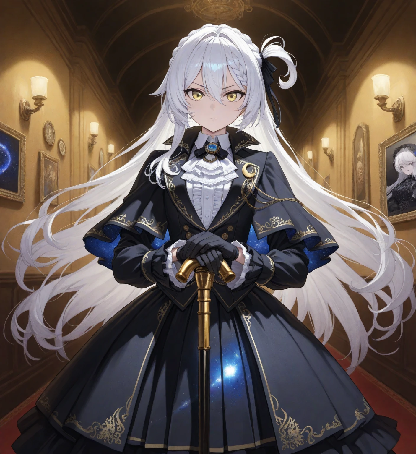 a woman wearing a black military dress with gold details, golden shoulder pads, long black cape, long gray hair, black military hat with gold details, purple eyes, walking in a luxurious room with white walls, golden pillars, medieval paintings.k, HDR , ultra resolution, sharp, masterpiece, 8K HD (solo woaman)

