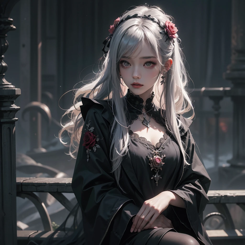 Masterpiece, best quality, high quality, ultra detailed, 1girl, looking at viewer, white hair, gray eyes, black lipstick, black shirt, sitting on a white floor, demon girl, gothcore, 1 3 - year - old, goth girl, japanese gothic, gothic punk style, black metal style, hands on head,.yurikiss、Girl kissing girl、red eyes、