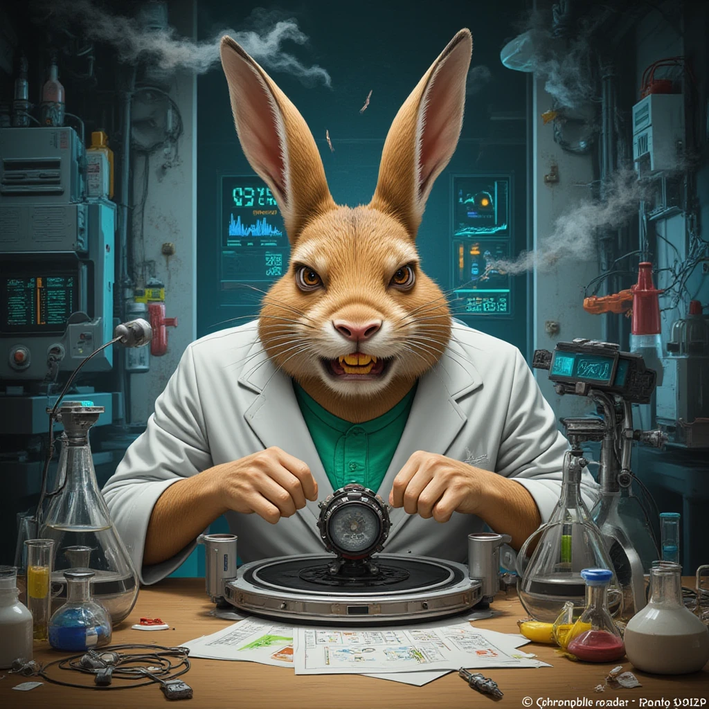 score_9, score_8_up, best quality, masterpiece, very detailed, high resolution, sharp, sharp image, detailed background, Rabbit, rabbit features, rabbit face, rabbit ears, rabbit full body, male, men, boy, smiling, ((dark red fur)), ((dark red)), lab coat, t-shirt under lab coat, vivziepop, vivziepop art style, vivziepop lineart, ((yellow iris)), ((yellow sharp iris)), ((yellow)), ((purple sclera)), ((purple)), ((purple sharp iris)), helluva_boss background, helluva_boss,