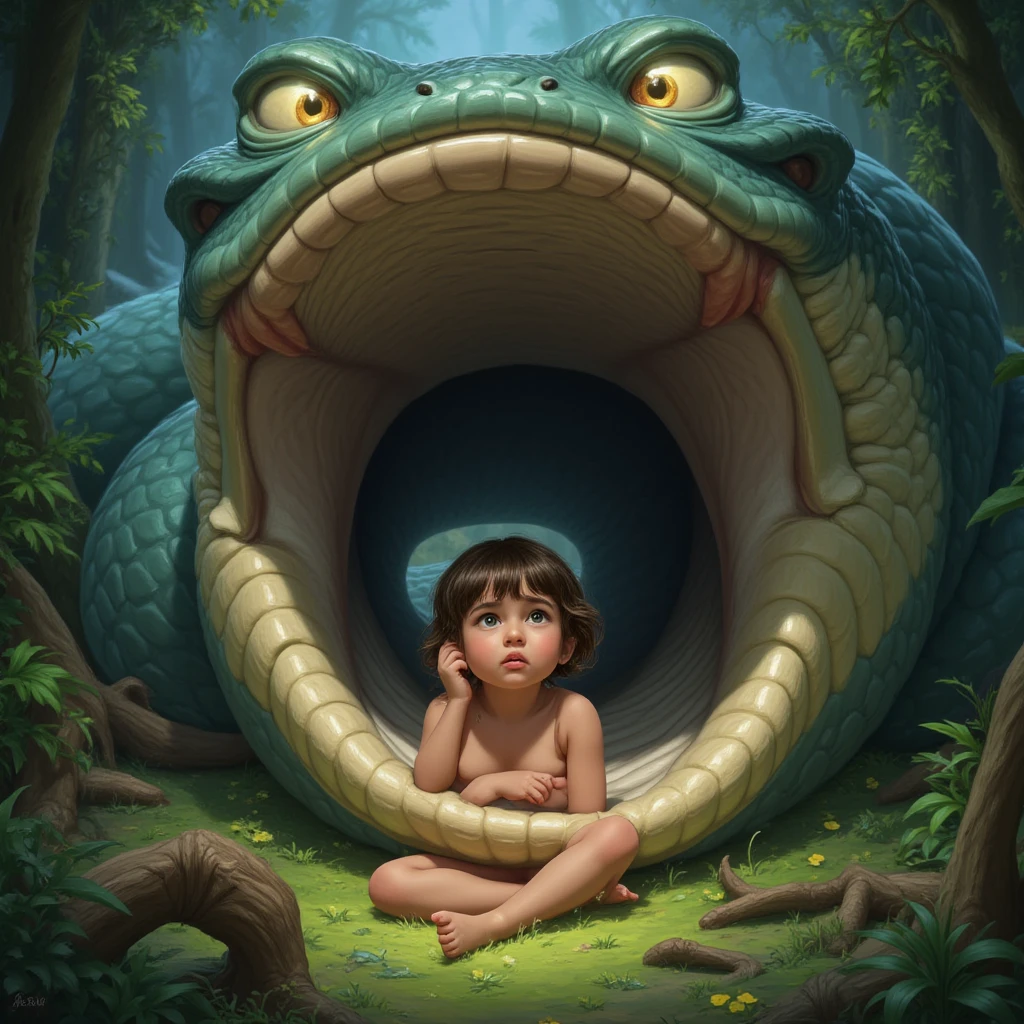 Pregnant Happy , aroused 1girl), beautiful kneeling  young teen princess jasmine with  giant colossal Kaa monster squeezing her hard, wrapped in thick spiraling coils, constricted, struggle, gasping for air, snake attack, snake peril,