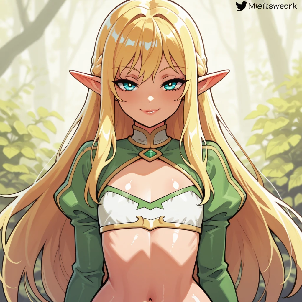 Elma is a beatiful female elf who has blonde hair that reaches the bottom of her upper body and fair skin. She also has an extremely youthful appearance despite her age and a buxom figure. She wears a halterneck bikini top that crisscrosses in the front along with a matching bikini bottom. She has purple eyes and her right ear is pierced with a dangling earring in the form of a circle between two stars. Do it anime style