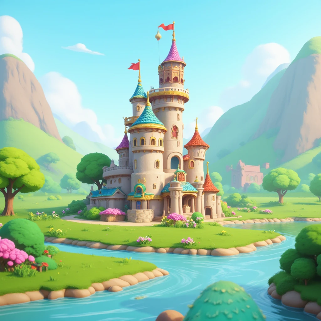 a close up of a cartoon castle on a grassy field, island background, game background, pixel art animation, made in rpg maker, videogame background, high quality pixel art, epic background, beautiful detailed pixel art, ocean in the background, random background scene, mobile game background, view(full body + zoomed out), distant background, rpg background, 2 d sprite