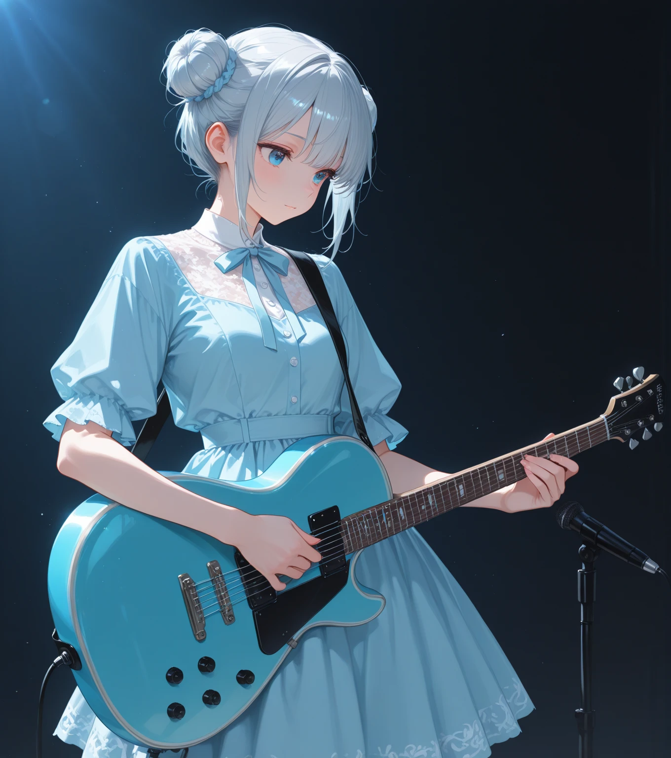 masterpiece, best quality, high definition , Very detailed,(((Seiun Sky))), (((Horse Girl))), (((Playing guitar))), (((smile))), ((( on stage))), (((blue sky))), (((Stand microphone))), (((Daytime)))