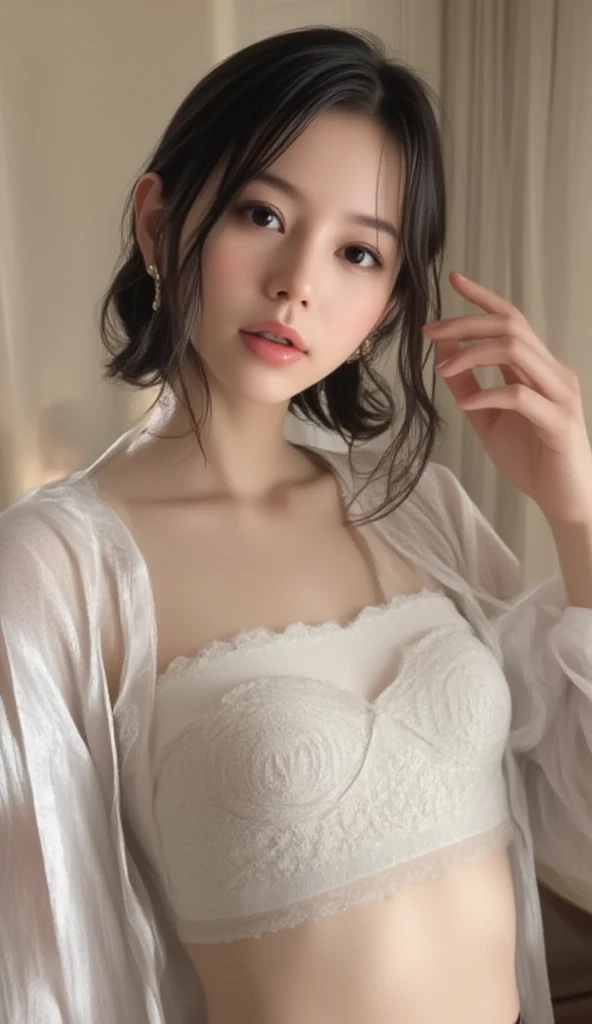 navy lace &Good, (((Very elegant and beautiful, Perfect detail, Super detailed))), whole body, The most detailed girl, Depth of written boundary, 美しく詳細なwhole body, Thin legs, 1 girl, 30 years old, Very short hair, Spiked Hair, Gray and silver hair, Beautiful detailed hair, Perfect Face, Expressionless, Beautifully detailed deep eyes, Open your mouth a little, Delicate arms and hands, Pale skin, Earrings, Beautiful and gorgeous necklace, Colorful background, HD background, Blurred Background, Very delicate and beautiful, Masterpiece, (((Highest quality, Very beautiful 8K CG wallpaper))), (((Trendy hairstyles))), (Inside the room,Stylish interior,window),