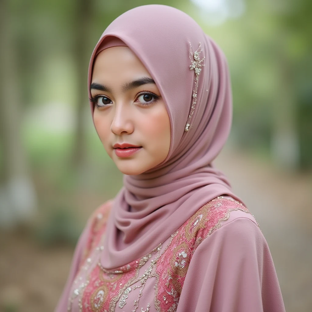 Photo portrait of a beautiful Bandung girl wearing a hijab and dimples, around 17 years old, (plain pink hijab), (portrait medium shot:1.3), dramatic light, Rembrandt lighting scheme, (hyperrealism:1.2), (8K UHD: 1.2), ( photorealistic:1.2), shot with Canon EOS 5D Mark IV,  detail, skin texture detail. smiling looking at the camera