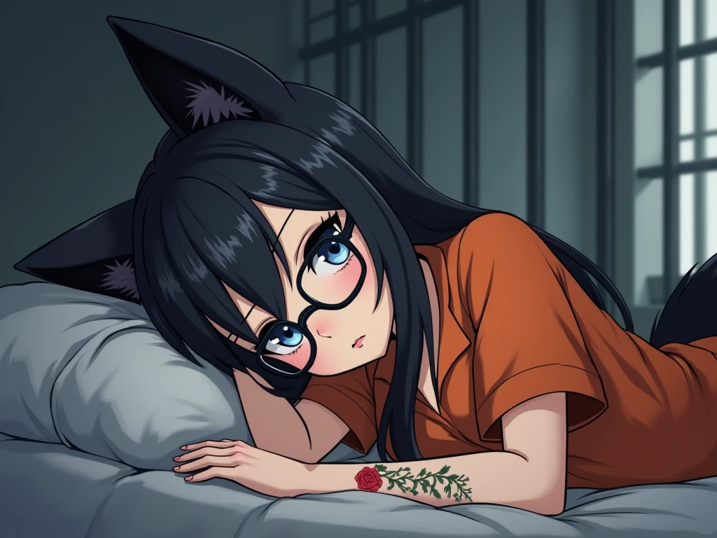[Claire], [the summoning], [Uploaded to e621.net; (Pixelsketcher), (wamudraws)], ((masterpiece)), ((HD)), ((high res)), ((solo portrait)), ((full body)), ((bird's-eye view)), ((feet visible)), ((furry; anthro)), ((detailed fur)), ((detailed soft shading)), ((beautiful render art)), {anthro; (slim figure), white fur, black nose, (cat ears), (cut on left ear), long blue hair, (bang over left eye), (pink pentagram on forehead), (cute blue eyes), (short eyelashes), (indigo eyeshadow), ( ), (beautiful legs), (beautiful feet), (humanoid feet), (annoyed expression)}, {(short sleeve white-collared black dress), (white  visible)}, {(laying on bed), (laying on back), (legs spread open), (looking at viewer)}, [background; (bedroom), (window), (nighttime), (starry sky), (ambient lighting)]